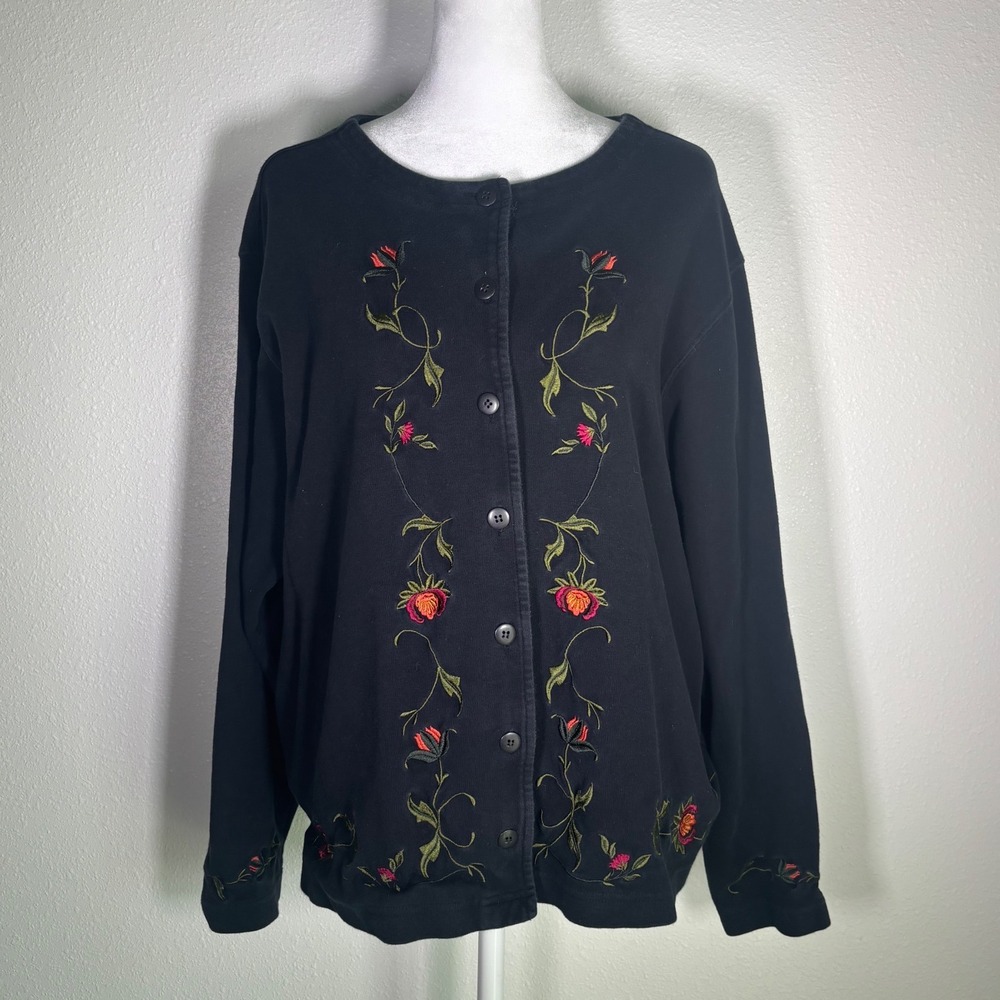 Vintage Bechamel Black Floral Embroidered Cardigan XL Cotton Whimsigoth Top